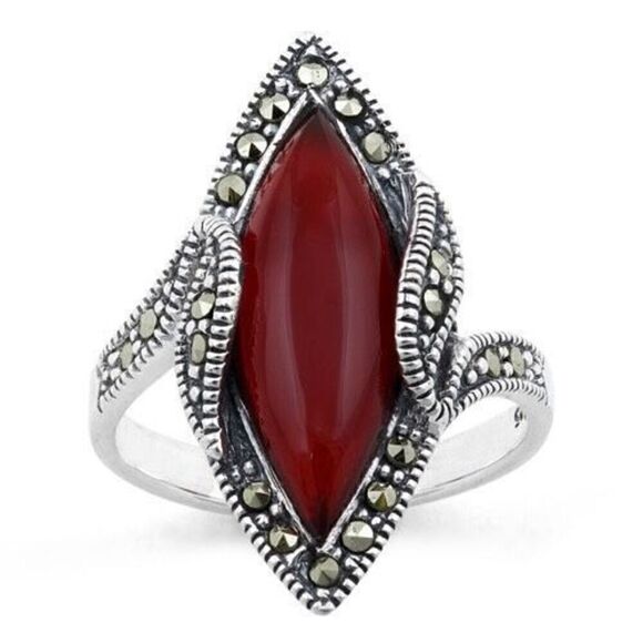 Sterling Silver Red Agate Marquise Marcasite Ring New - Picture 2 of 6